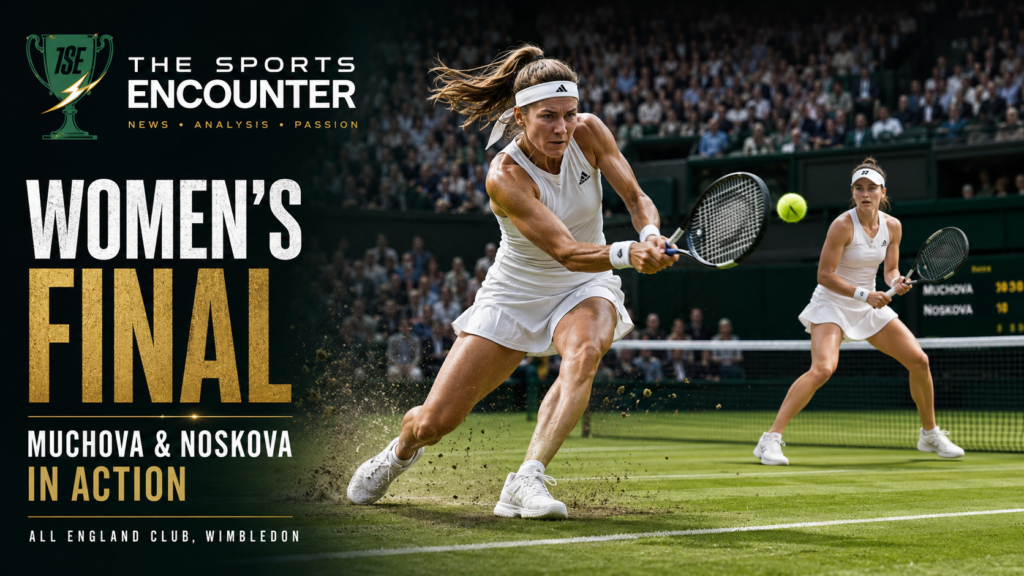 Karolina Muchova and Linda Noskova compete on the grass court during the Wimbledon 2026 women’s singles final.