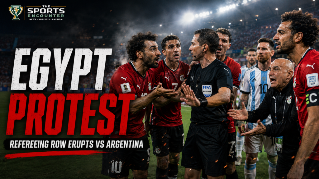 Egyptian players and coaching staff protest to the referee during the Argentina World Cup match after disputed calls and VAR controversy.