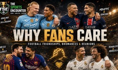 Famous football friendship pairings appear in a cinematic stadium collage exploring why fans care about player bromances and reunions.