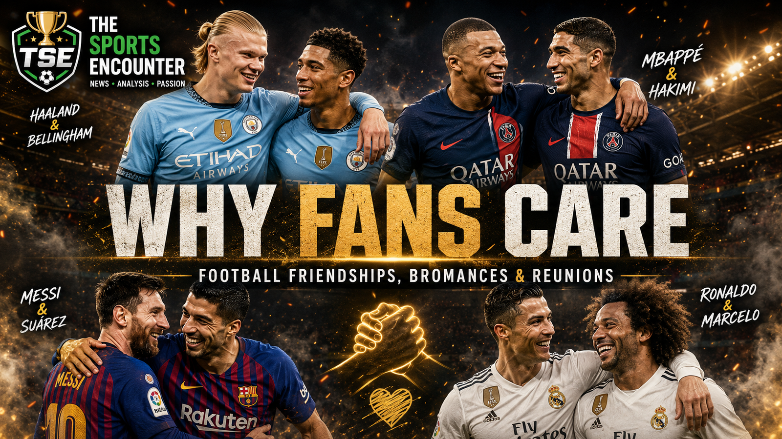 Famous football friendship pairings appear in a cinematic stadium collage exploring why fans care about player bromances and reunions.