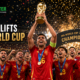 Rodri lifts the FIFA World Cup 2026 trophy as Spain’s players celebrate on the winners’ podium beneath gold confetti and stadium lights.