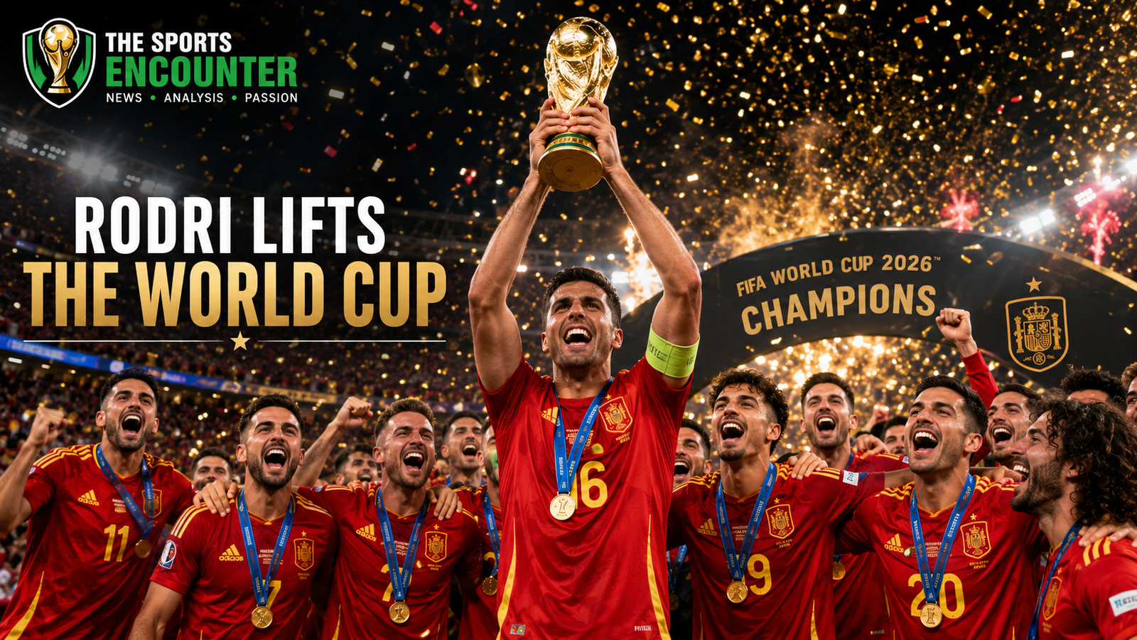 Rodri lifts the FIFA World Cup 2026 trophy as Spain’s players celebrate on the winners’ podium beneath gold confetti and stadium lights.