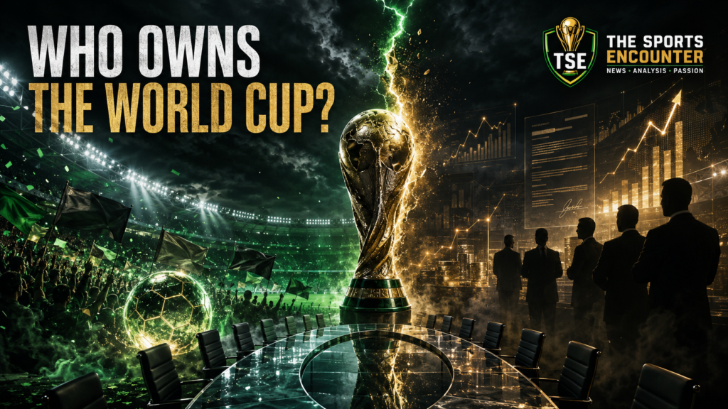 Cinematic illustration of a global football trophy caught between passionate fans and private investors, symbolizing FIFA’s proposed $20 billion World Cup commercial stake sale.