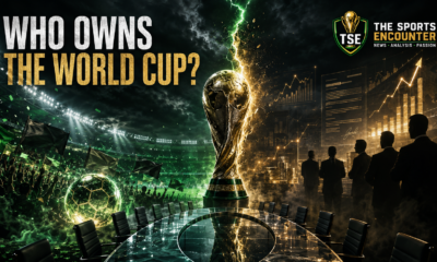 Cinematic illustration of a global football trophy caught between passionate fans and private investors, symbolizing FIFA’s proposed $20 billion World Cup commercial stake sale.