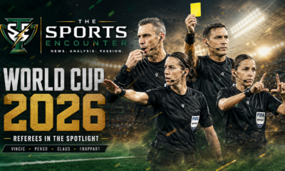 FIFA World Cup 2026 featured image showing popular referees in action with whistle, yellow card, VAR gesture, and The Sports Encounter logo.