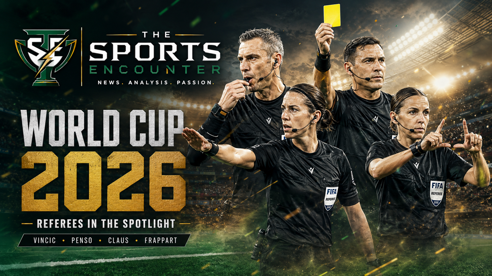 FIFA World Cup 2026 featured image showing popular referees in action with whistle, yellow card, VAR gesture, and The Sports Encounter logo.