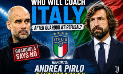 Pep Guardiola and Andrea Pirlo pictured beside the Italy national team crest, with Guardiola rejecting the coaching role and Pirlo reportedly set for a four-year deal.