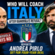Pep Guardiola and Andrea Pirlo pictured beside the Italy national team crest, with Guardiola rejecting the coaching role and Pirlo reportedly set for a four-year deal.