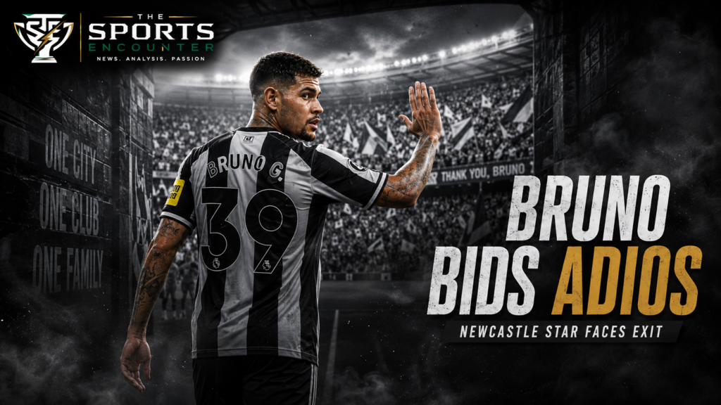 Bruno Guimarães waves goodbye in a black-and-white Newcastle-style kit inside a smoky stadium tunnel, with “Bruno Bids Adios” headline and The Sports Encounter logo.