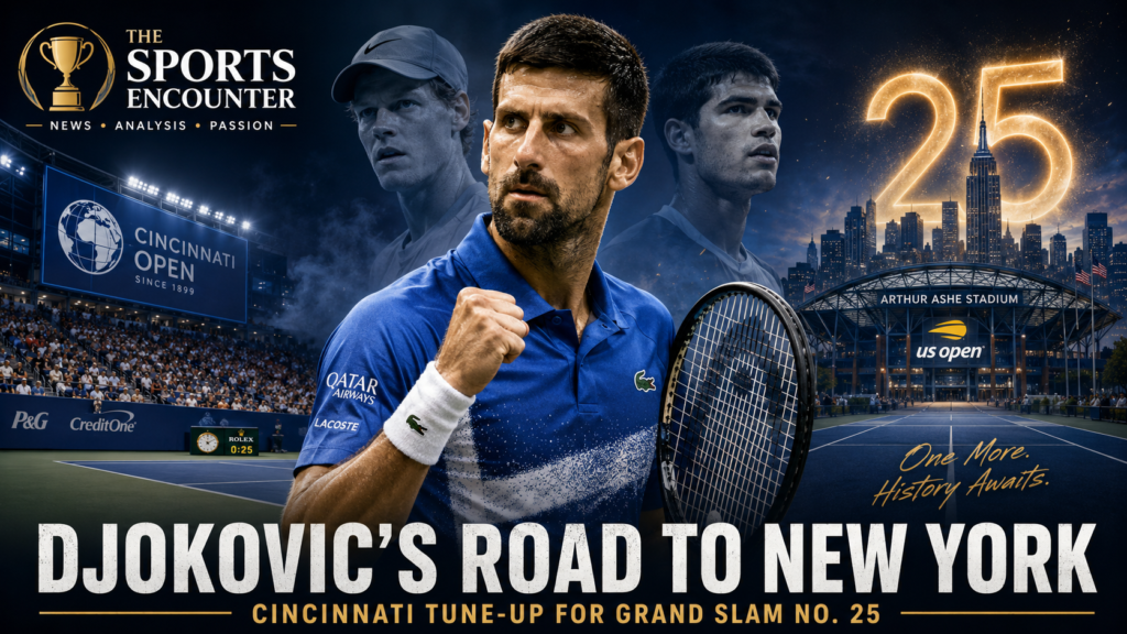 Novak Djokovic prepares for the US Open 2026 at the Cincinnati Open, with Jannik Sinner and Carlos Alcaraz looming behind him as he pursues a record 25th Grand Slam title.