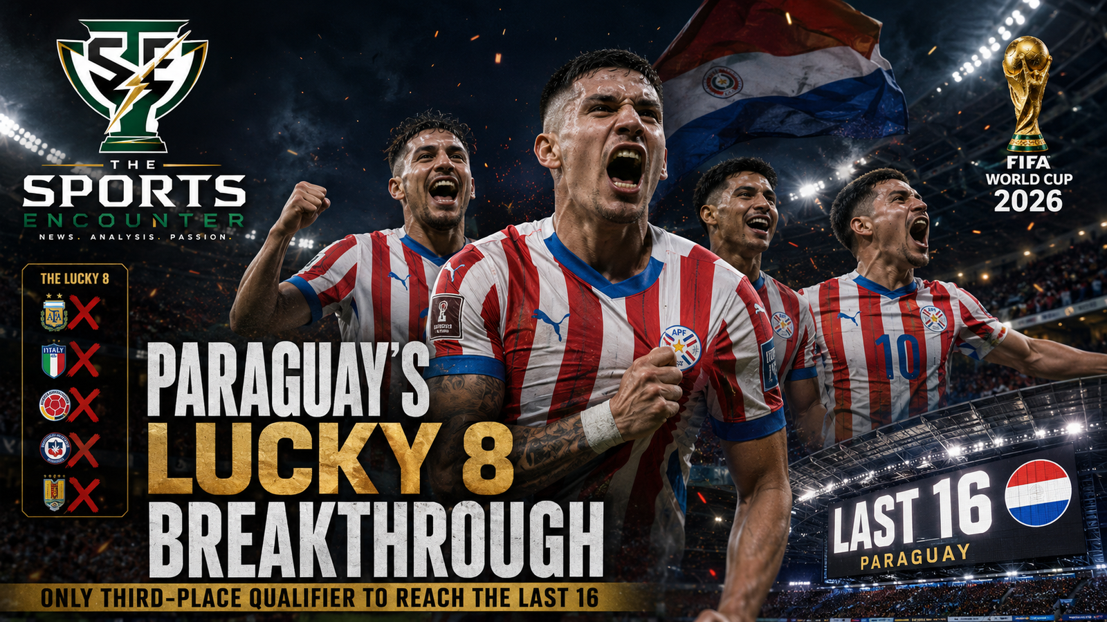 Paraguay players celebrate their Lucky 8 breakthrough at the FIFA World Cup 2026 after becoming the only third-place qualifier to reach the Round of 16.