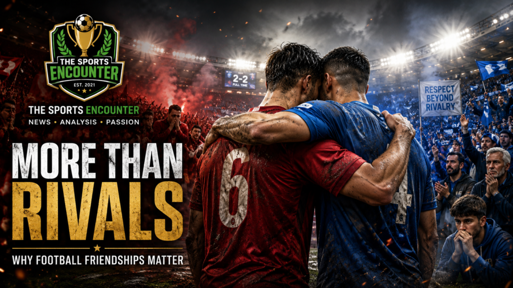 Two anonymous rival footballers embrace after a major match as supporters react, representing the emotional appeal of friendships in football.