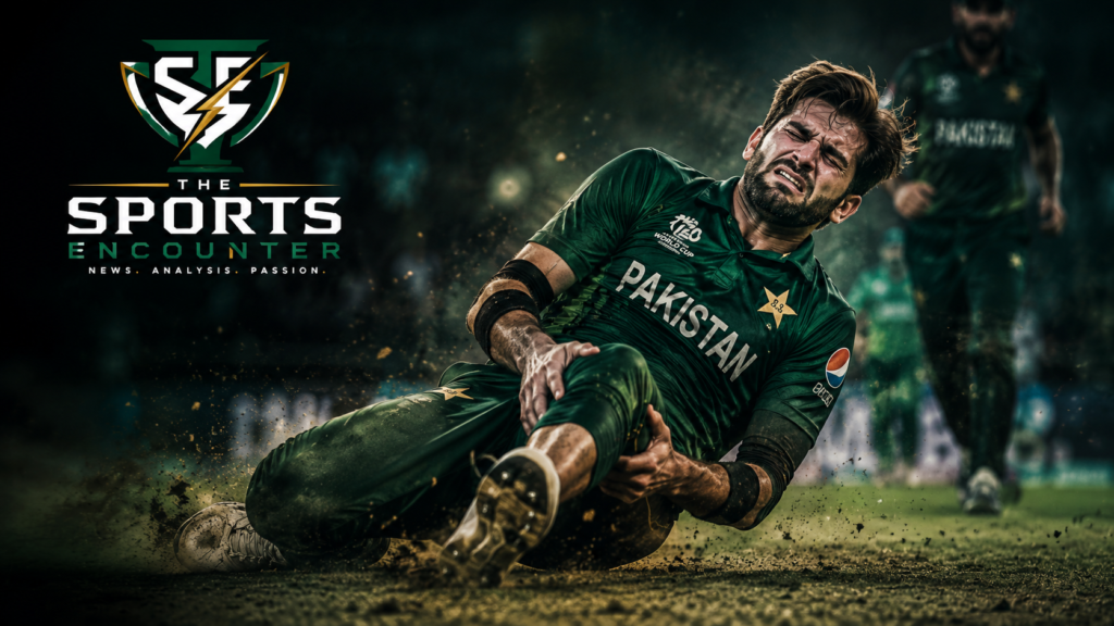 Shaheen Shah Afridi lies on the cricket field in visible pain while wearing Pakistan’s T20 kit, reflecting his injury struggles and career challenges.