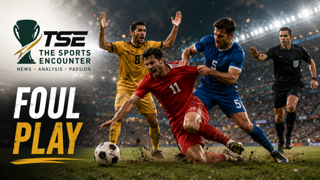 Three soccer players become tangled during a physical challenge in a World Cup-style stadium as the referee runs toward the foul, with The Sports Encounter logo and “Foul Play” text.