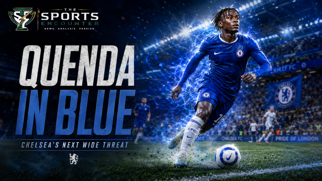 Geovany Quenda dribbles the ball at speed in a Chelsea-style blue kit under stadium lights, with “Quenda in Blue” headline and The Sports Encounter logo.