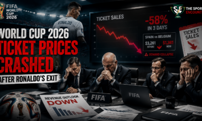 FIFA World Cup 2026 ticket market crisis with Ronaldo’s exit shown on a stadium backdrop, a falling ticket sales graph, worried officials, and The Sports Encounter logo highlighting declining resale prices.