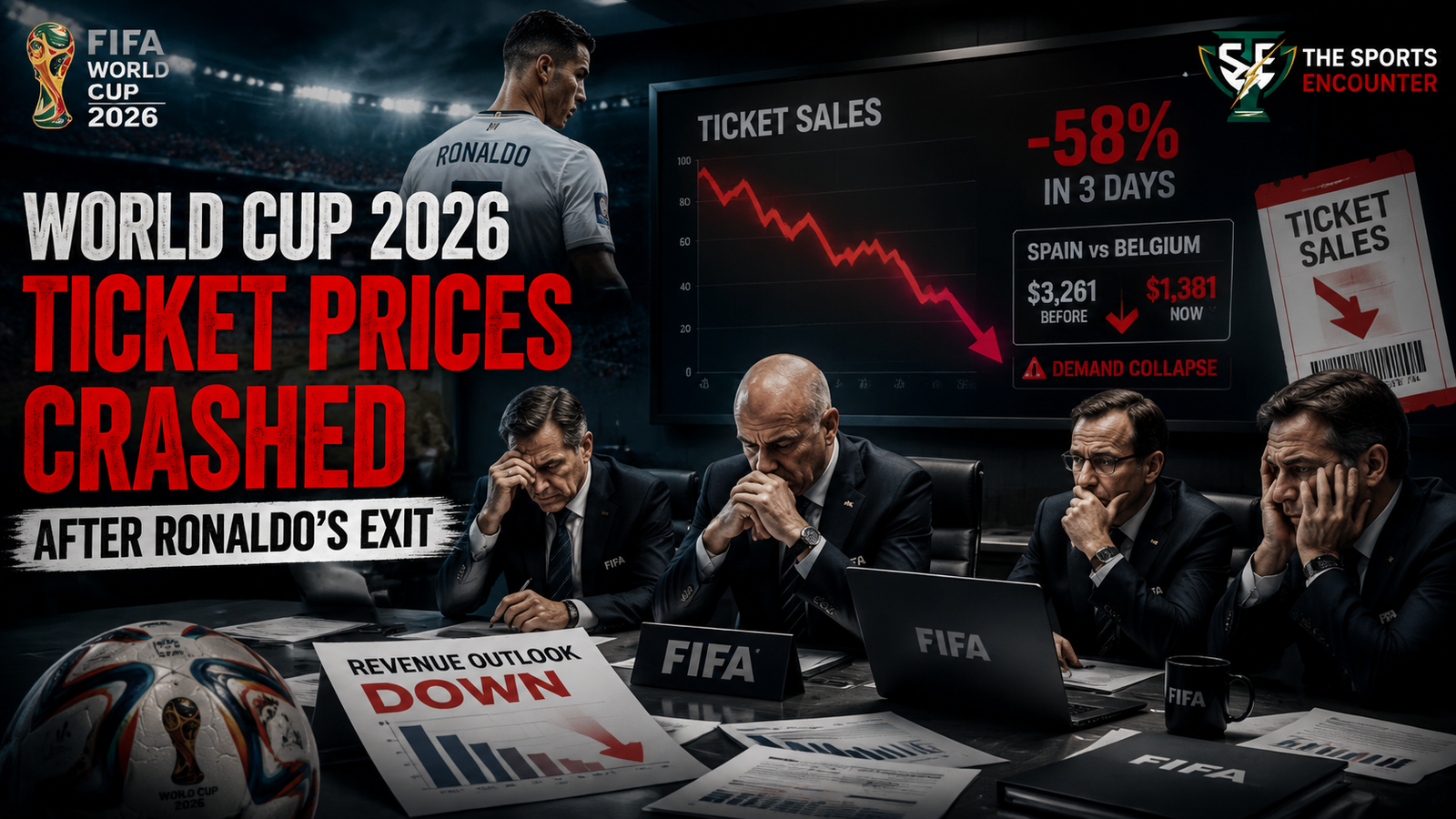 FIFA World Cup 2026 ticket market crisis with Ronaldo’s exit shown on a stadium backdrop, a falling ticket sales graph, worried officials, and The Sports Encounter logo highlighting declining resale prices.