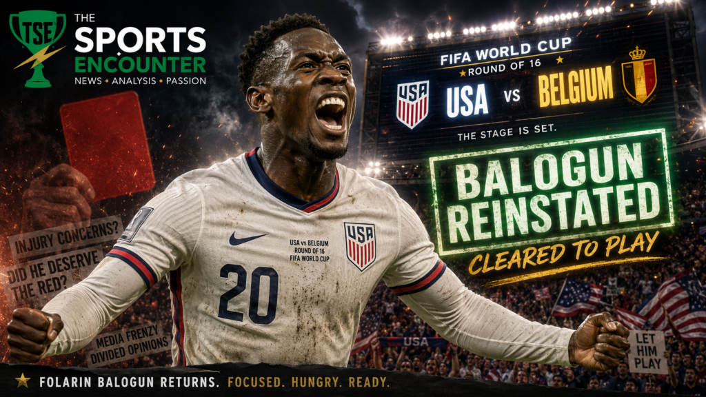 Folarin Balogun celebrates after being cleared to play for the United States against Belgium in the FIFA World Cup 2026 Round of 16.