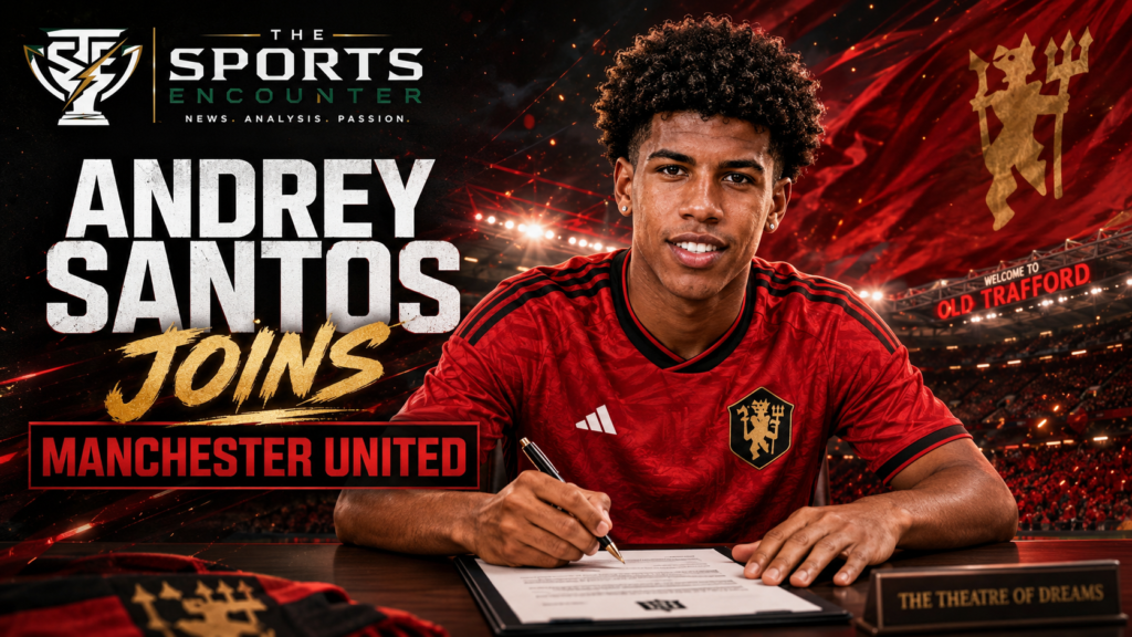 Andrey Santos signs a Manchester United transfer contract in a dramatic red-and-black breaking news graphic, with Old Trafford-style stadium lighting and The Sports Encounter logo.