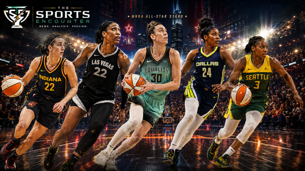 Top WNBA stars stand and move across a dramatic basketball court in team-colored jerseys under arena lights, with an All-Star atmosphere and The Sports Encounter logo.