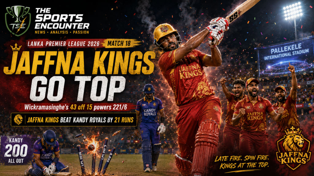 Chamindu Wickramasinghe launches a powerful shot as Jaffna Kings celebrate their 21-run victory over Kandy Royals in LPL 2026 Match 18 at Pallekele.