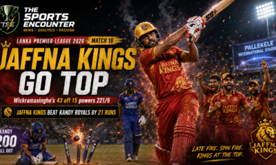 Chamindu Wickramasinghe launches a powerful shot as Jaffna Kings celebrate their 21-run victory over Kandy Royals in LPL 2026 Match 18 at Pallekele.