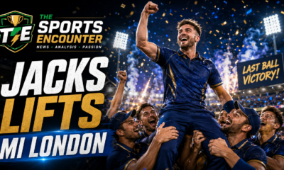 VFX cinematic featured image showing a Will Jacks-inspired MI London cricketer lifted by celebrating teammates after a last-ball victory, with The Sports Encounter logo and bold “Jacks Lifts MI London” headline.