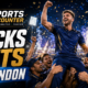 VFX cinematic featured image showing a Will Jacks-inspired MI London cricketer lifted by celebrating teammates after a last-ball victory, with The Sports Encounter logo and bold “Jacks Lifts MI London” headline.