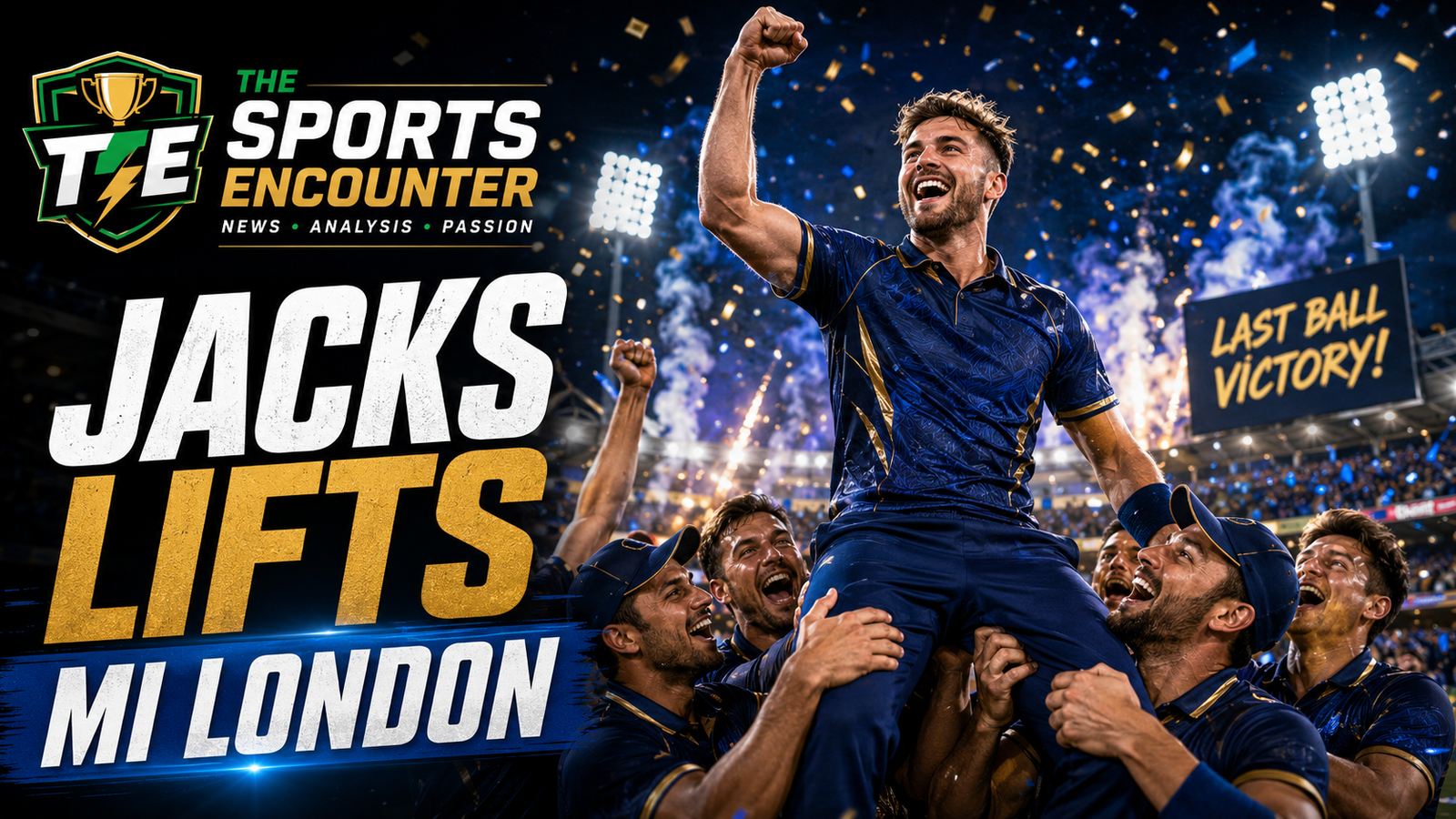 VFX cinematic featured image showing a Will Jacks-inspired MI London cricketer lifted by celebrating teammates after a last-ball victory, with The Sports Encounter logo and bold “Jacks Lifts MI London” headline.