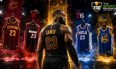 LeBron James stands between Cleveland Cavaliers, Miami Heat, Philadelphia 76ers, and Golden State Warriors jersey options as he considers his next NBA team, with The Sports Encounter logo.