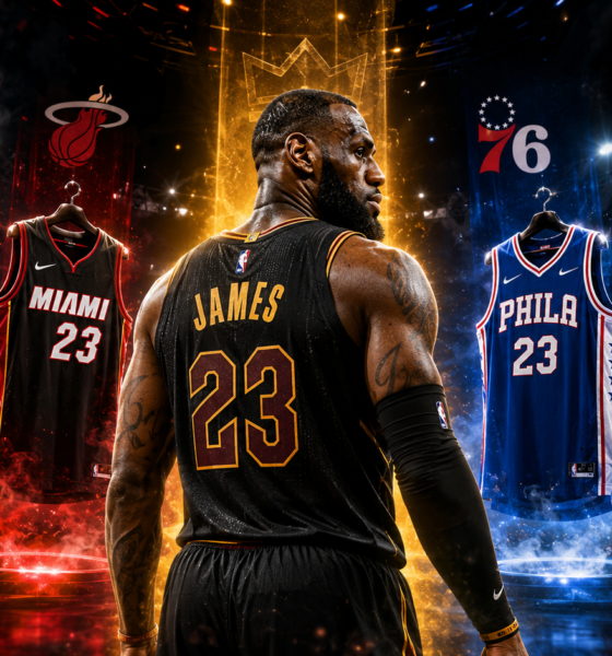 LeBron James stands between Cleveland Cavaliers, Miami Heat, Philadelphia 76ers, and Golden State Warriors jersey options as he considers his next NBA team, with The Sports Encounter logo.