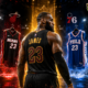 LeBron James stands between Cleveland Cavaliers, Miami Heat, Philadelphia 76ers, and Golden State Warriors jersey options as he considers his next NBA team, with The Sports Encounter logo.