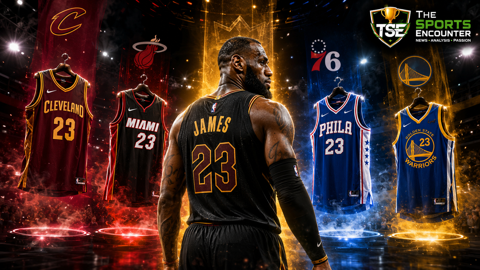 LeBron James stands between Cleveland Cavaliers, Miami Heat, Philadelphia 76ers, and Golden State Warriors jersey options as he considers his next NBA team, with The Sports Encounter logo.