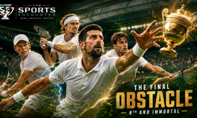 Novak Djokovic reaches toward a glowing Wimbledon-style trophy as Jannik Sinner, Alexander Zverev and Arthur Fery surround him in a dramatic grass-court VFX poster for his 8th Wimbledon title chase.