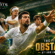 Novak Djokovic reaches toward a glowing Wimbledon-style trophy as Jannik Sinner, Alexander Zverev and Arthur Fery surround him in a dramatic grass-court VFX poster for his 8th Wimbledon title chase.