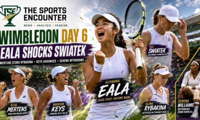 Alexandra Eala celebrates at Wimbledon 2026 after shocking Iga Swiatek, with Elise Mertens, Madison Keys, Elena Rybakina, and Serena Williams shown as key women’s Day 6 headline-makers.