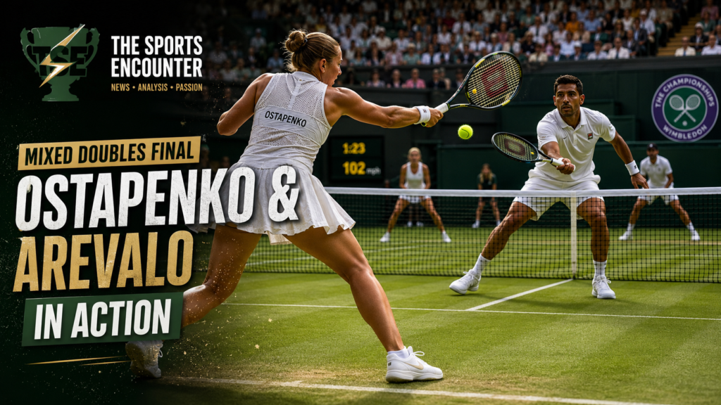 Jelena Ostapenko and Marcelo Arevalo compete during the Wimbledon 2026 mixed doubles final in a fast-paced on-court exchange.
