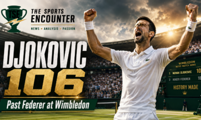 Novak Djokovic celebrates on a Wimbledon grass court after earning his 106th men’s singles win at the tournament, moving past Roger Federer’s record.