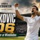 Novak Djokovic celebrates on a Wimbledon grass court after earning his 106th men’s singles win at the tournament, moving past Roger Federer’s record.