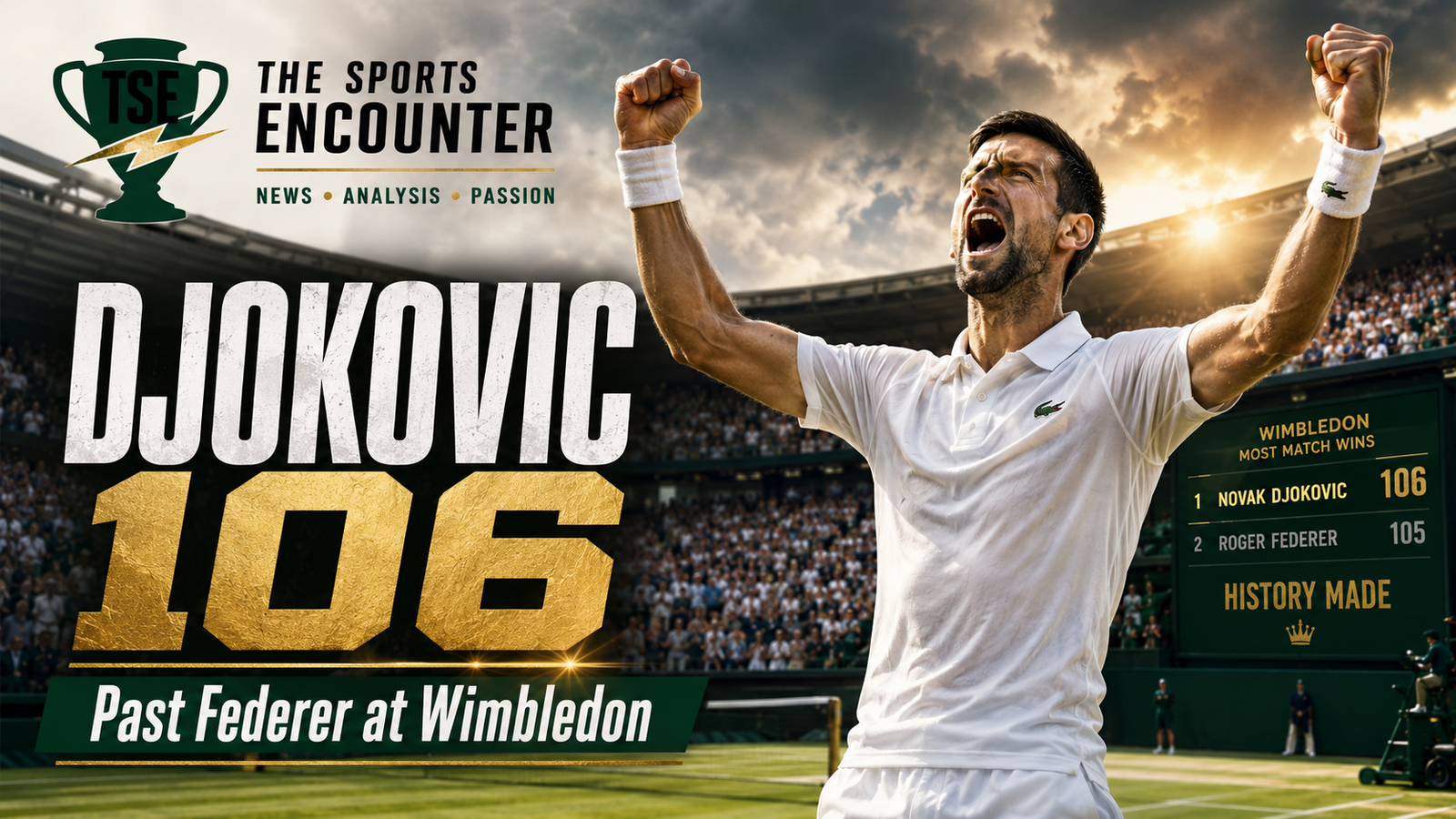 Novak Djokovic celebrates on a Wimbledon grass court after earning his 106th men’s singles win at the tournament, moving past Roger Federer’s record.