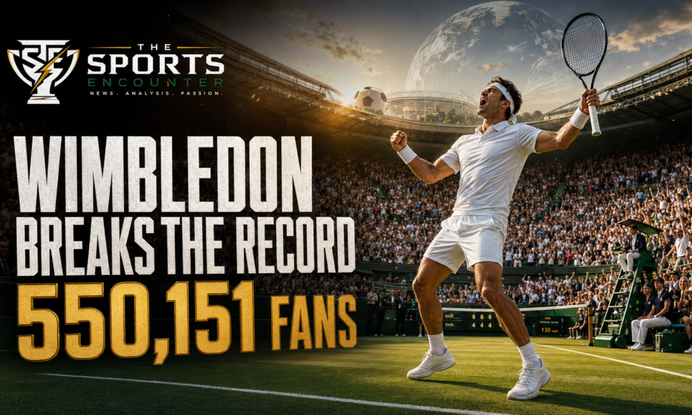 A packed Wimbledon stadium celebrates record attendance of 550,151 fans in 2026 despite the tournament clashing with the FIFA World Cup.