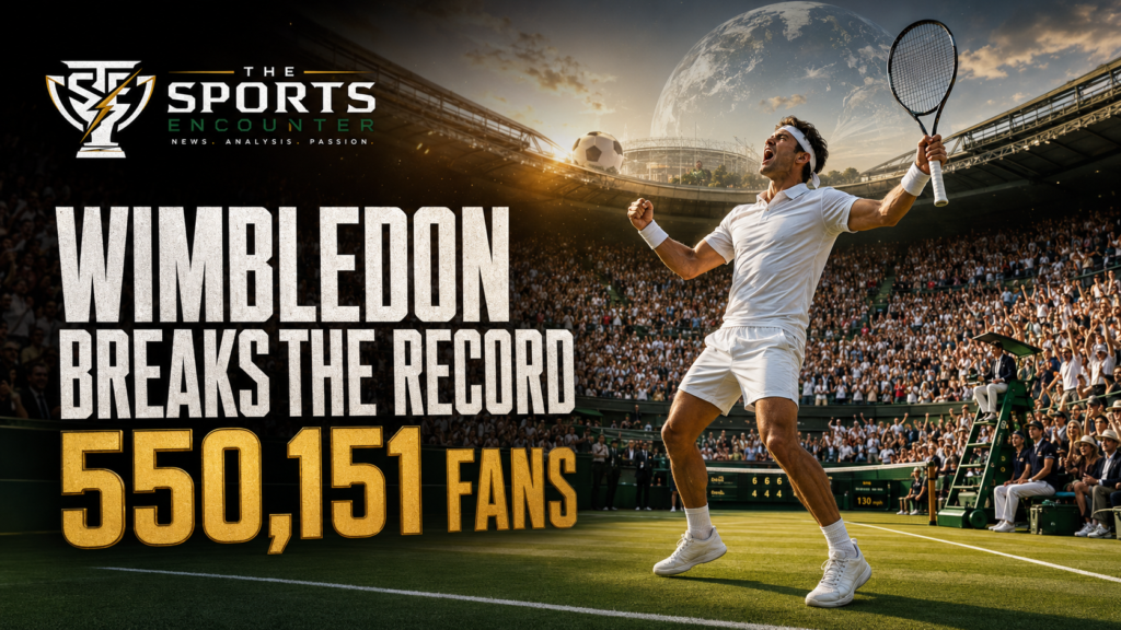 A packed Wimbledon stadium celebrates record attendance of 550,151 fans in 2026 despite the tournament clashing with the FIFA World Cup.