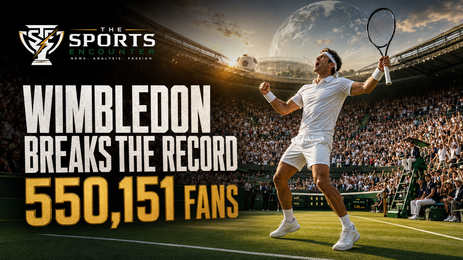 A packed Wimbledon stadium celebrates record attendance of 550,151 fans in 2026 despite the tournament clashing with the FIFA World Cup.