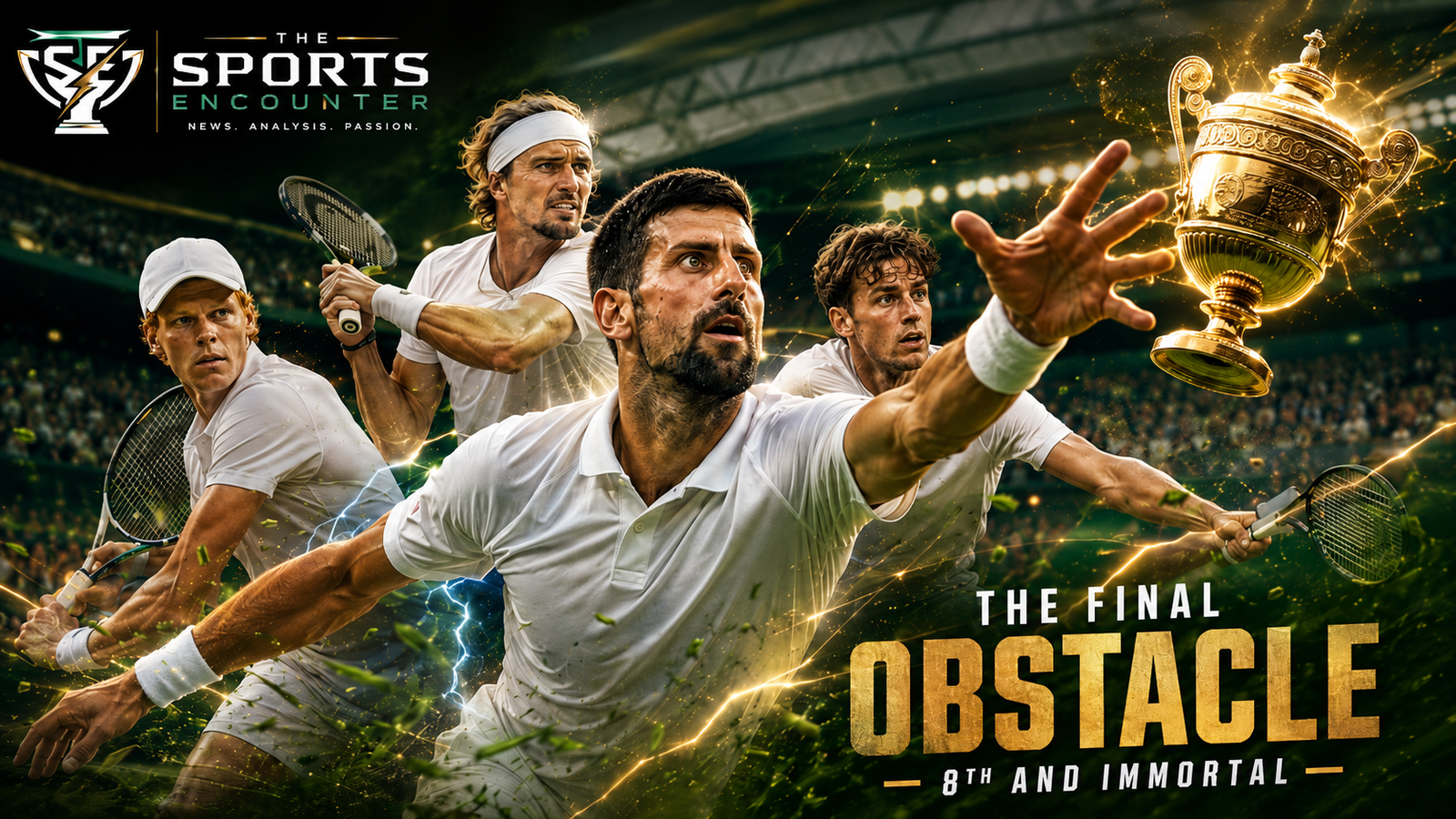 Novak Djokovic reaches toward a glowing Wimbledon-style trophy as Jannik Sinner, Alexander Zverev and Arthur Fery surround him in a dramatic grass-court VFX poster for his 8th Wimbledon title chase.