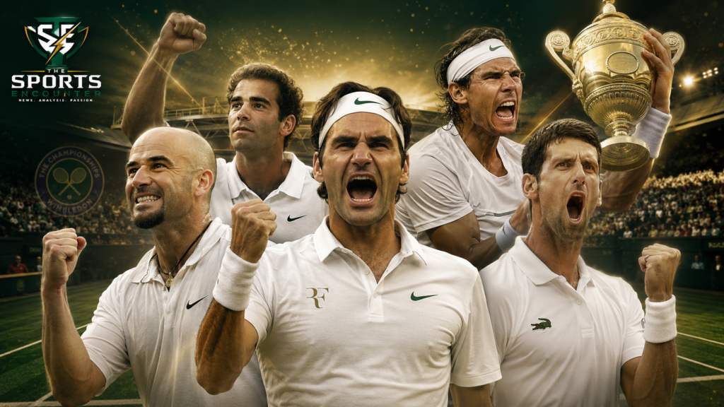 Roger Federer, Pete Sampras, Andre Agassi, Rafael Nadal, and Novak Djokovic celebrate their Wimbledon triumphs in a dramatic Centre Court collage featuring the championship trophy and The Sports Encounter logo.