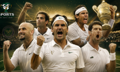Roger Federer, Pete Sampras, Andre Agassi, Rafael Nadal, and Novak Djokovic celebrate their Wimbledon triumphs in a dramatic Centre Court collage featuring the championship trophy and The Sports Encounter logo.