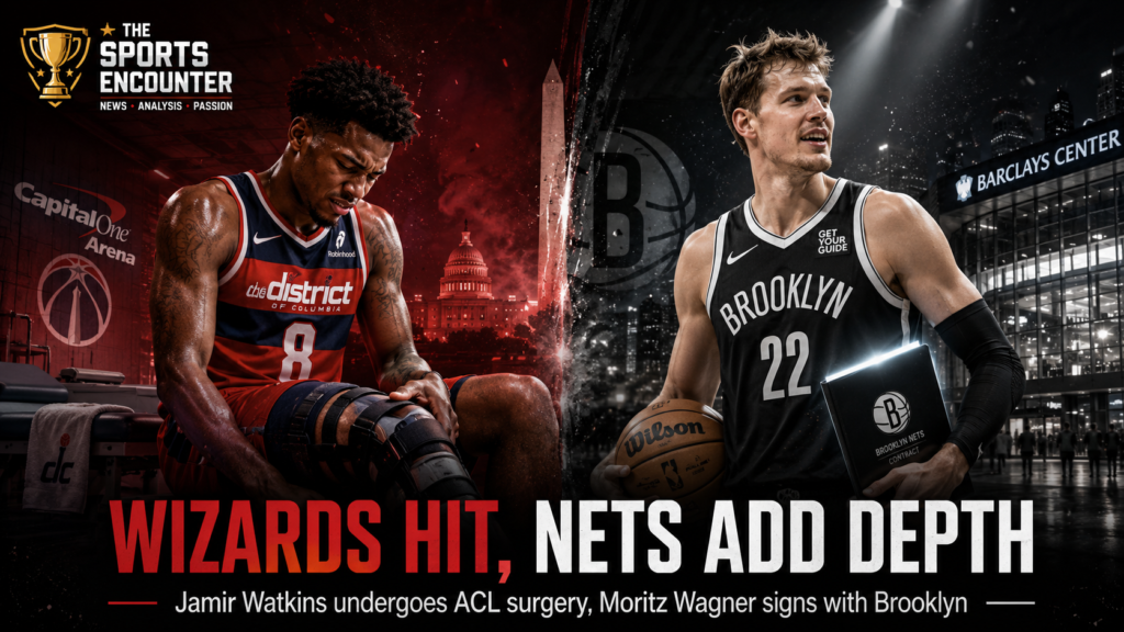 Jamir Watkins sits courtside holding his injured left knee after ACL surgery, while Moritz Wagner appears in a Brooklyn Nets uniform outside Barclays Center following his multi-year signing.