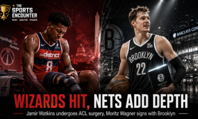 Jamir Watkins sits courtside holding his injured left knee after ACL surgery, while Moritz Wagner appears in a Brooklyn Nets uniform outside Barclays Center following his multi-year signing.