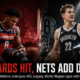 Jamir Watkins sits courtside holding his injured left knee after ACL surgery, while Moritz Wagner appears in a Brooklyn Nets uniform outside Barclays Center following his multi-year signing.
