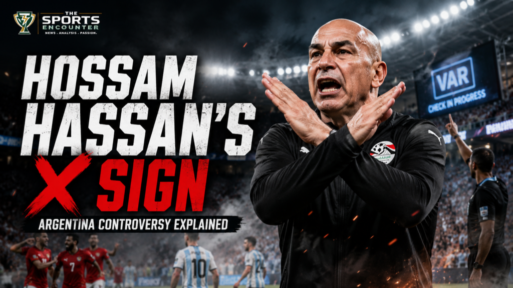 Hossam Hassan makes a crossed-arm X gesture during Egypt’s controversial World Cup match against Argentina, with VAR and refereeing tension highlighted in the background.
